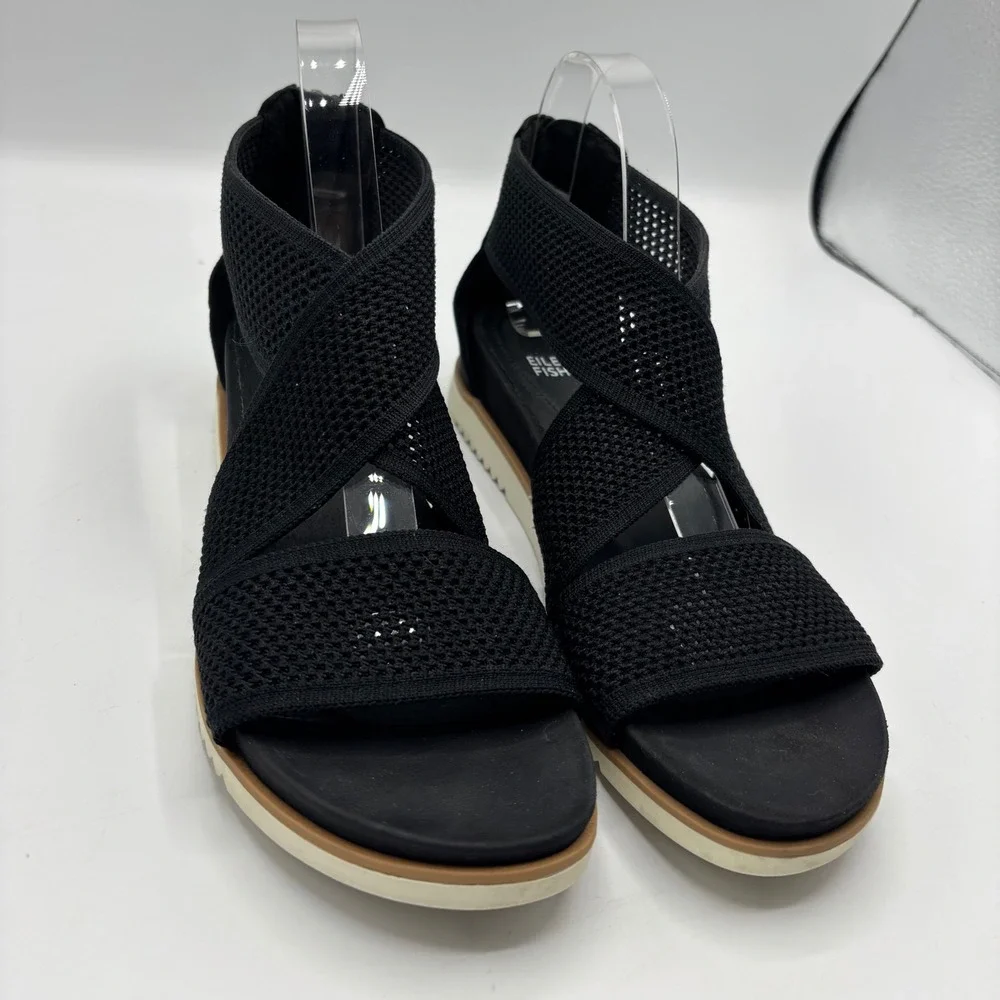 Eileen Fisher Black Stretch Mesh Crisscross Platform Sandals Size‎ 9.5 Zip Back
